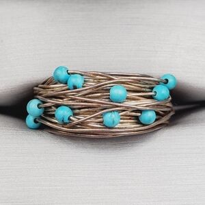 Genuine Blue Turquoise Multi Bead 925 Sterling Silver Artisan Wire Ring